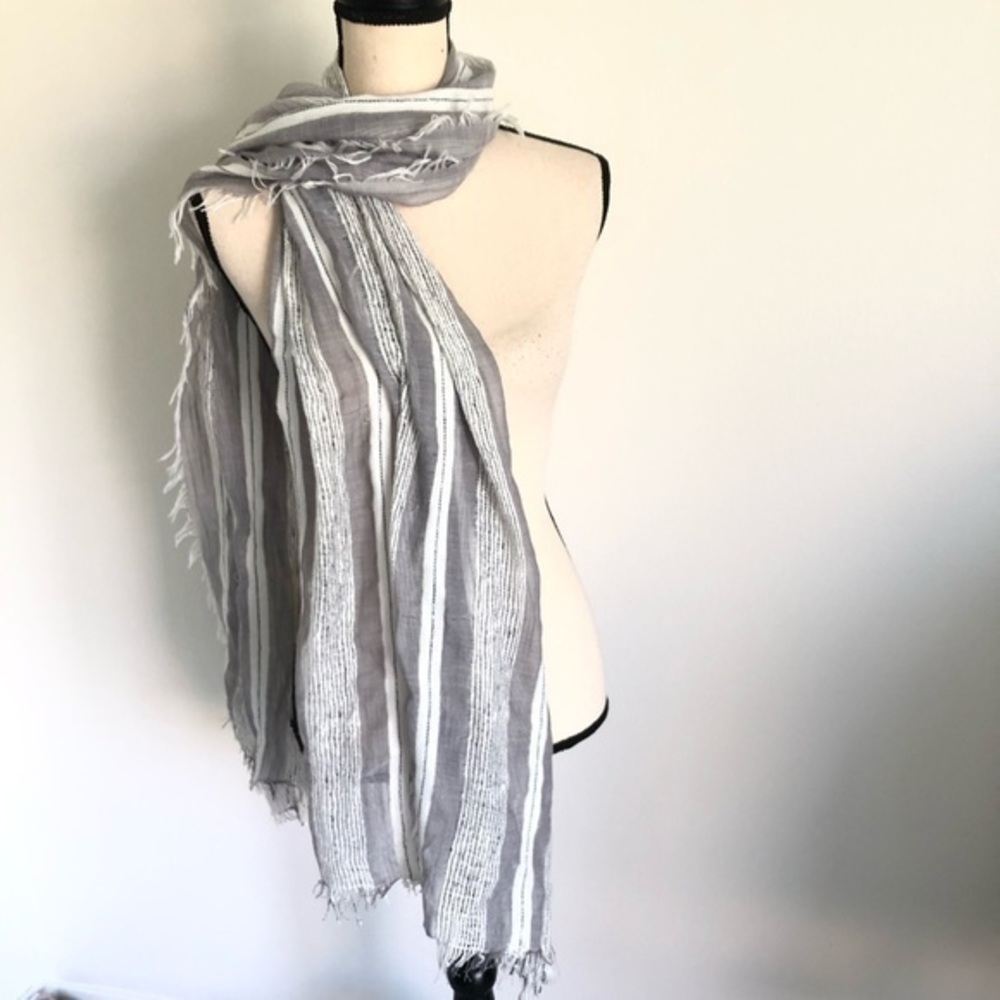 Vintage Lightweight Grey Fringe Stripe Long Scarf